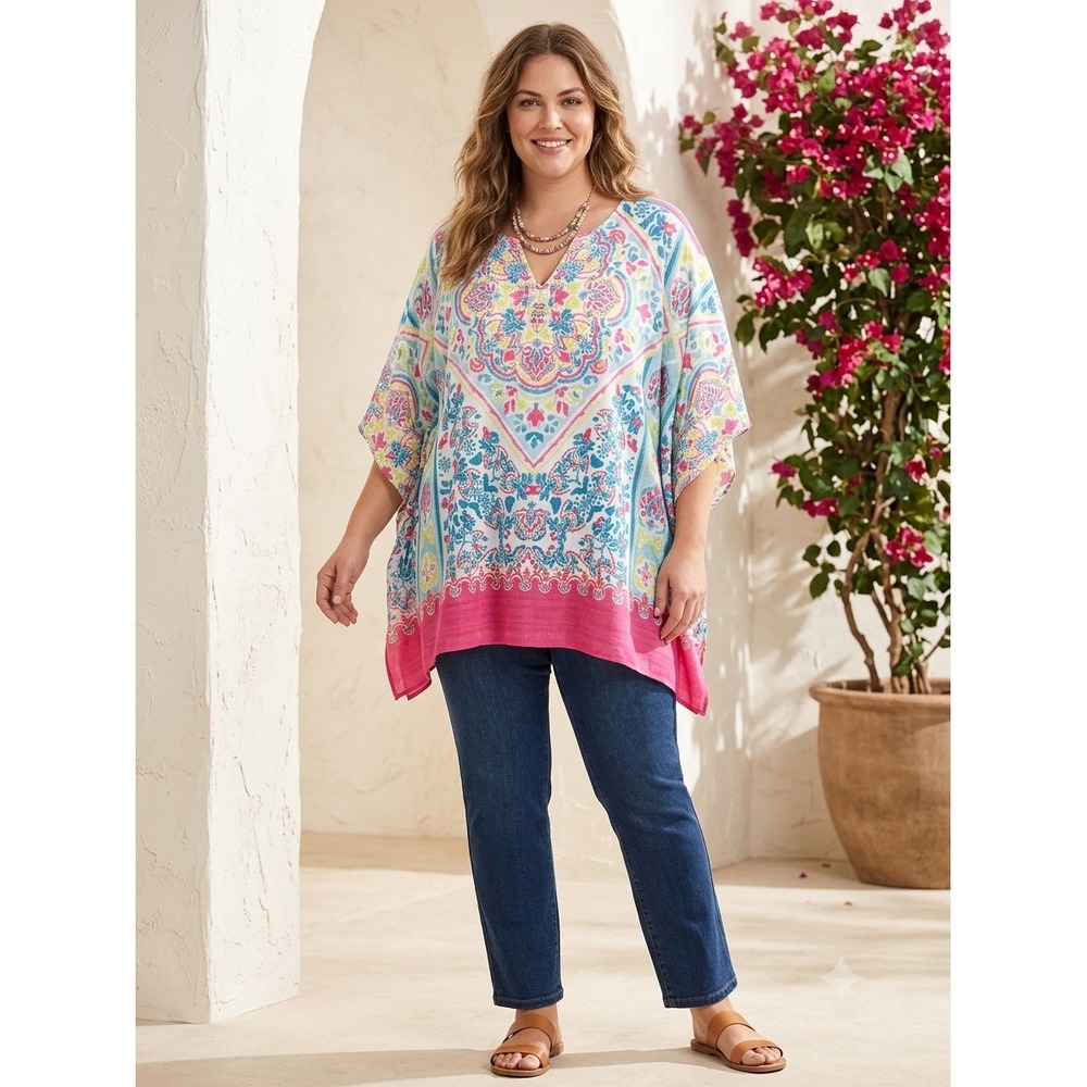 Catherines Plus Size Kaftan Top 2X 3X Pink Blue Medallion Paisley Poncho Tunics